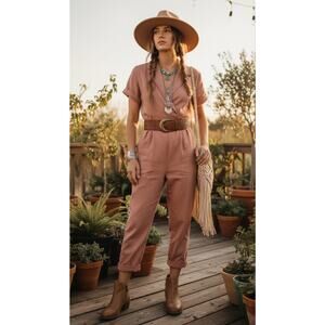 NEW ZARA | Linen Blend Jumpsuit Sz XS Womens Peach Short Sleeve Tapered Boho